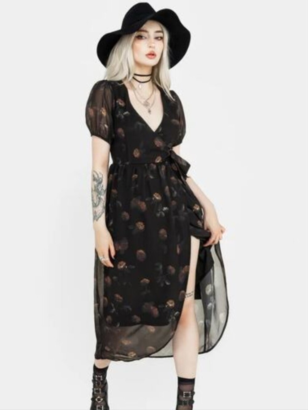Disturbia Monica- Floral Wrap Midi Dress - Black